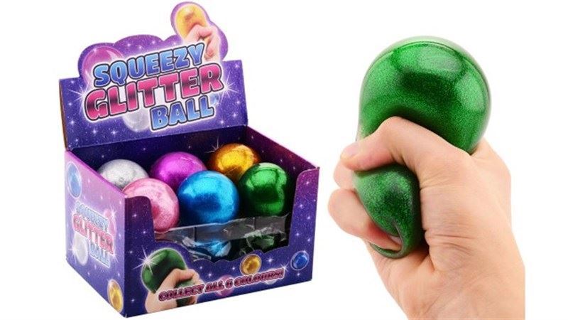 Squishy glitterball in display, 6 assorted