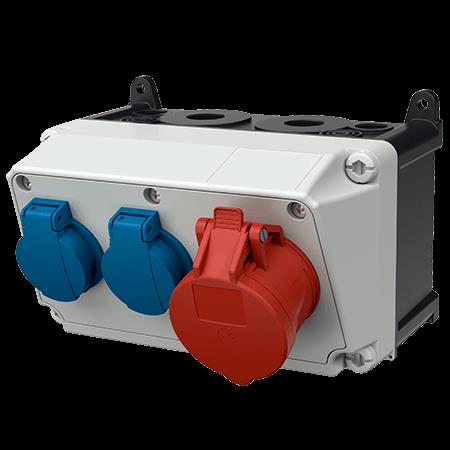 Contactdoos combinatie Amaxx met 1x CEE 16A 5P 400V + 2x NF 16A 2P+A 230V IP44