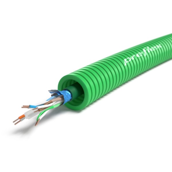 Preflex safe voorbedrade buis 16mm LS0H groen + data F/UTP CAT6A rol 100m